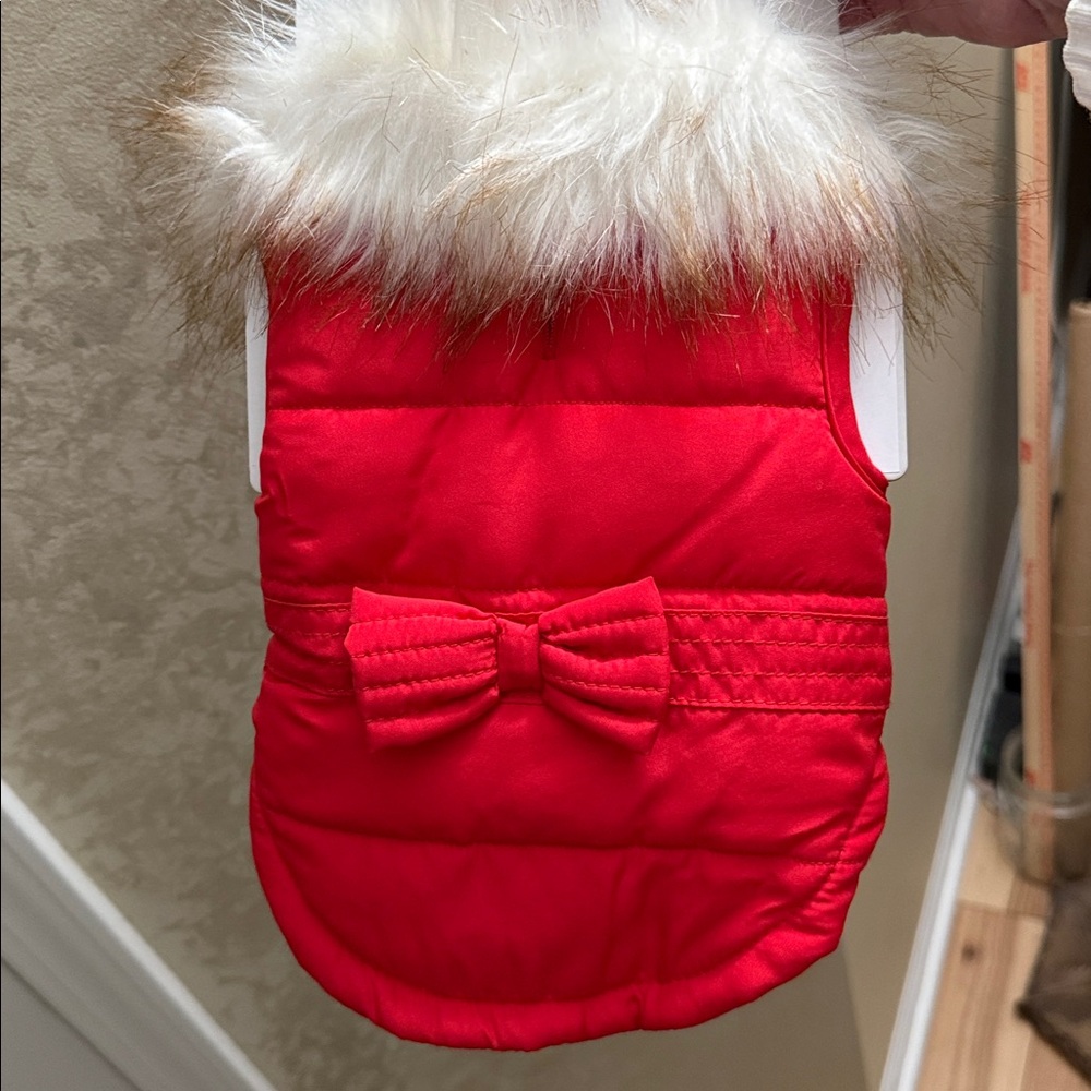 Friends Forever Red Dog Jacket with Faux Fur Trim and bow. Size S.